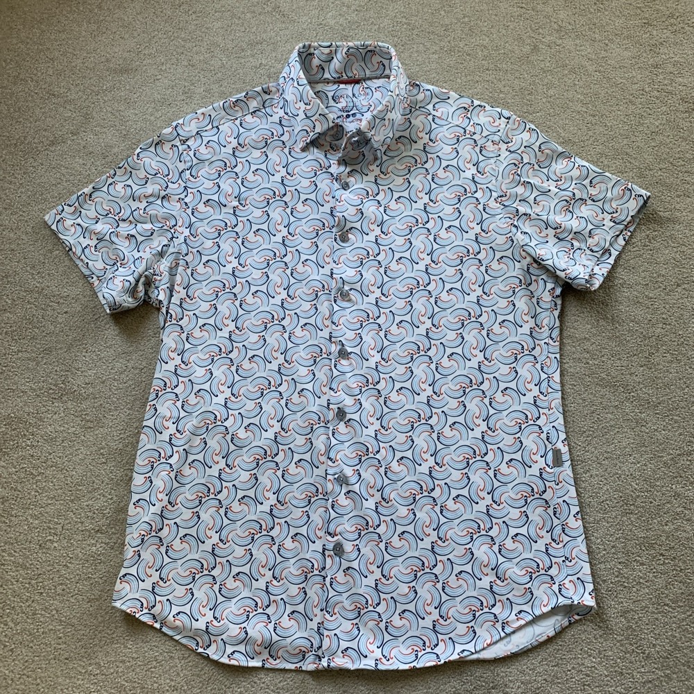 Stone Rose Button Front Shirt Sz L White Waves AOP Short‎ Sleeve Casual Tops